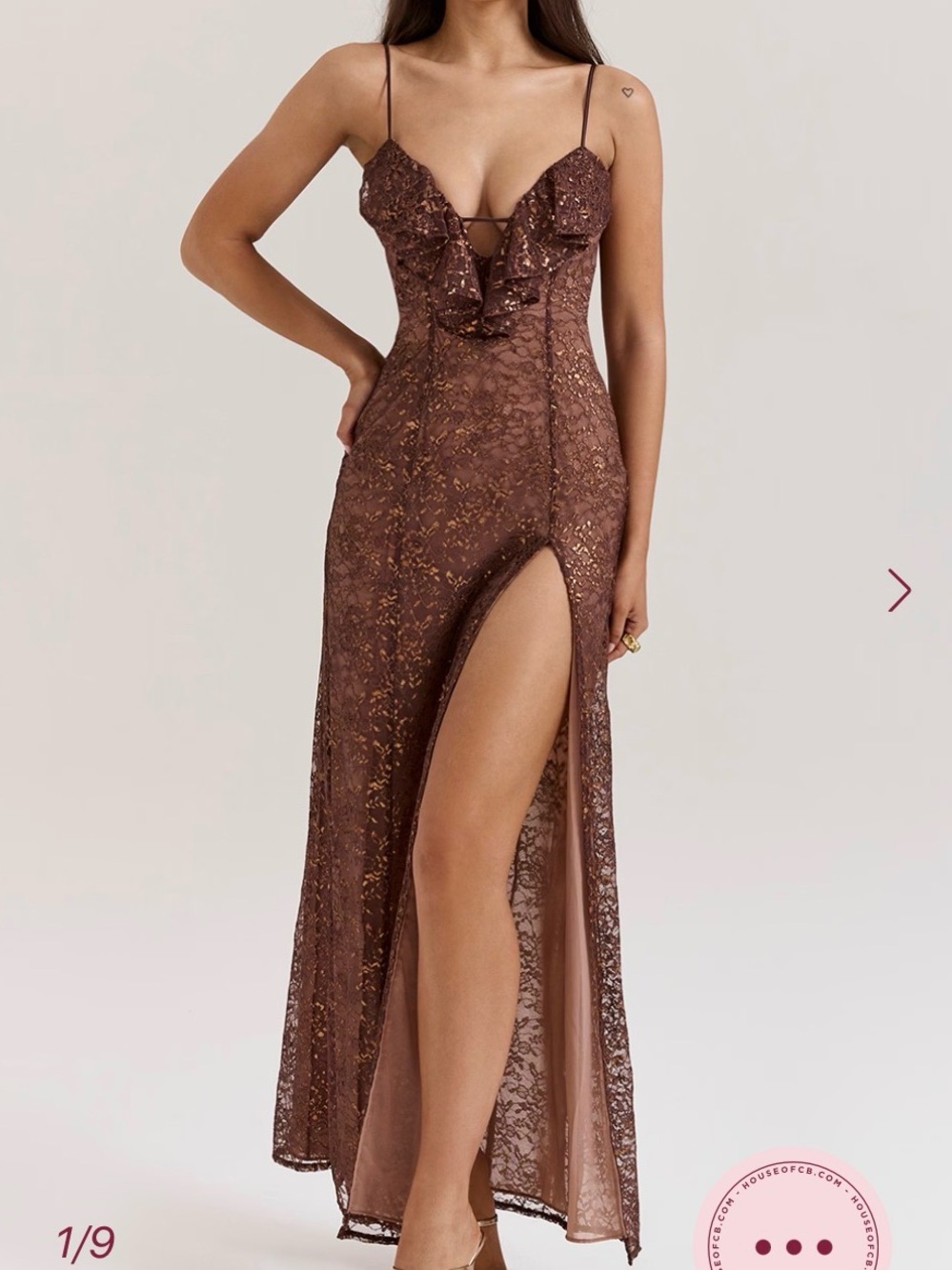 House of CB Brown Lace High-Slit Ruffle Maxi Dress #02